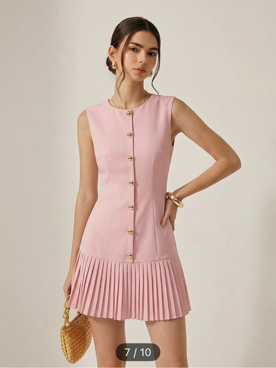 Commense Dresses & Skirts - Commense Pink Sleeveless Pleated Mini Dress with Gold Buttons
